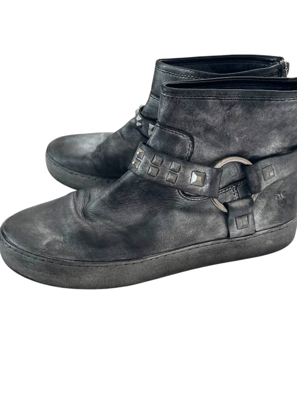 Frye Lena Harness Bootie Ankle Boots 9 Silver Leather Zip Back Platform Studded